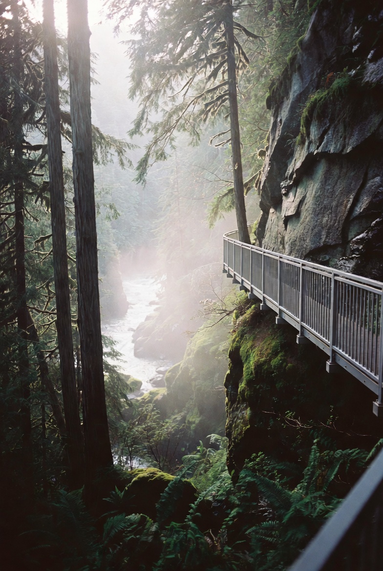 A cantilevered walkway hugging a granite cliff above Capilano Canyon.