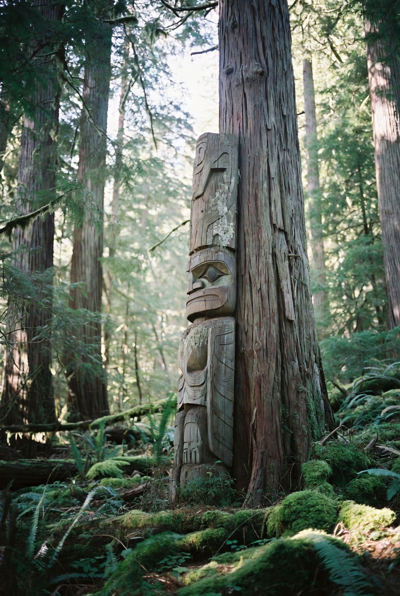 Pacific Northwest totem poles in a clearing at Kia'palano.