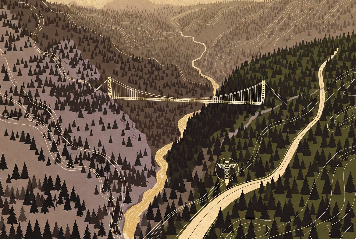 A stylised topographic map showing Maple Leaf Garden in North Vancouver, the canyon, and routes from downtown.